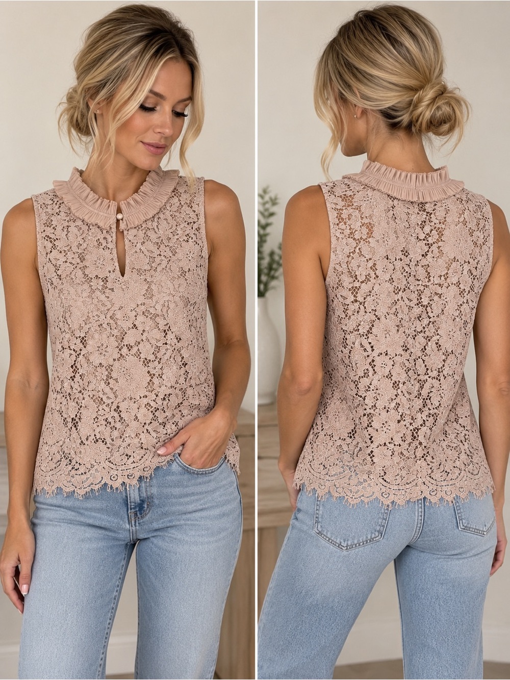 J.Crew Lace Ruffle Neck Sleeveless Top – XS